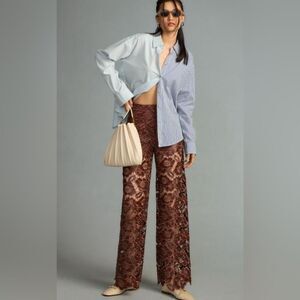 Anthropologie Faux Leather & Lace Wide-Leg Pants Trousers Size 4